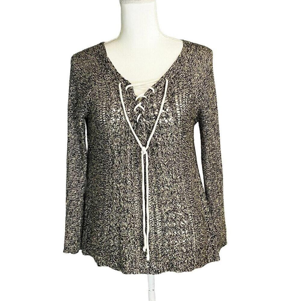 Anthropologie Lovemarks V-Neck Long Sleeve Open Knit Lace Up‎ Front Sweater Med